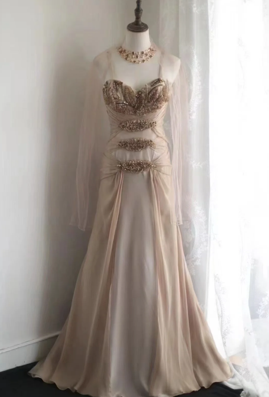 Retro Spaghetti Straps Chiffon Beaded Mermaid Prom Dress Long Evening Dress SP850