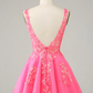 Fuchsia Sequined V Neck Backless Short Homecoming Dress  Y4093