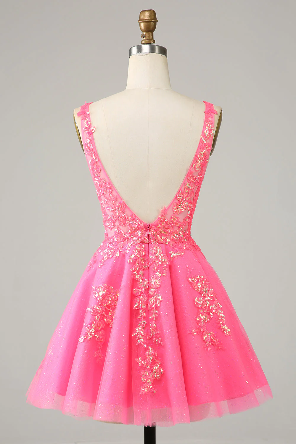 Fuchsia Sequined V Neck Backless Short Homecoming Dress  Y4093