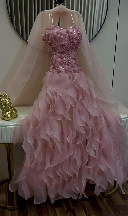 Glamorous Pink Strapless Sequin Beaded Tulle Ruffles Long Party Dress Evening Dress SP3948
