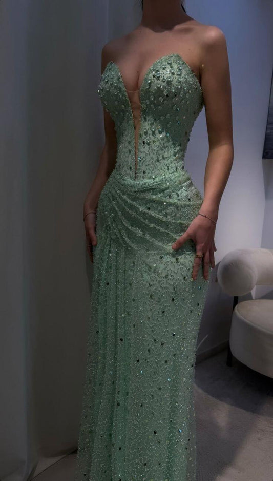 Classy Light Green Strapless Tulle Beaded Mermaid Long Party Dress Birthday Prom Gown SP3408