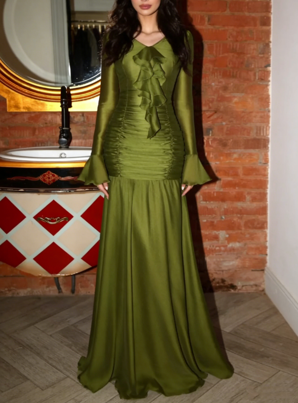 Elegant Olive Green V Neck Satin Pleated Mermaid Party Dress Long Wedding Guest Dress SP901