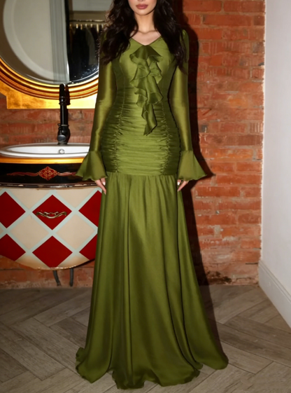 Elegant Olive Green V Neck Satin Pleated Mermaid Party Dress Long Wedding Guest Dress SP901