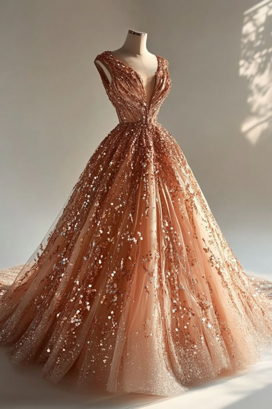 Sparkly V Neck Tulle Sequin Beaded Formal Ball Gown Quinceanera Dress SP371