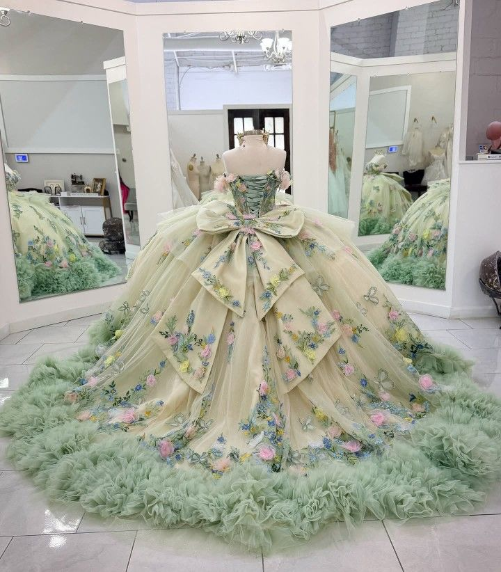 Charming Off The Shoulder Light Green Tulle Pleated Floral Birthday Quinceanera Dress Sweet 16 Dress SP4290