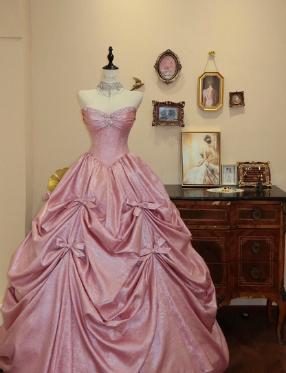 Charming Strapless Ball Gown Pink Satin Beaded Pleated Birthday Quinceanera Dress With Bow SP1877