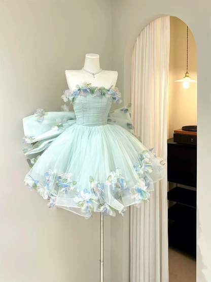 Pretty Mint Green Floral A Line Short 17th Birthday Outfits,Strapless Graduation Homecoming Dress With Bow SP2630