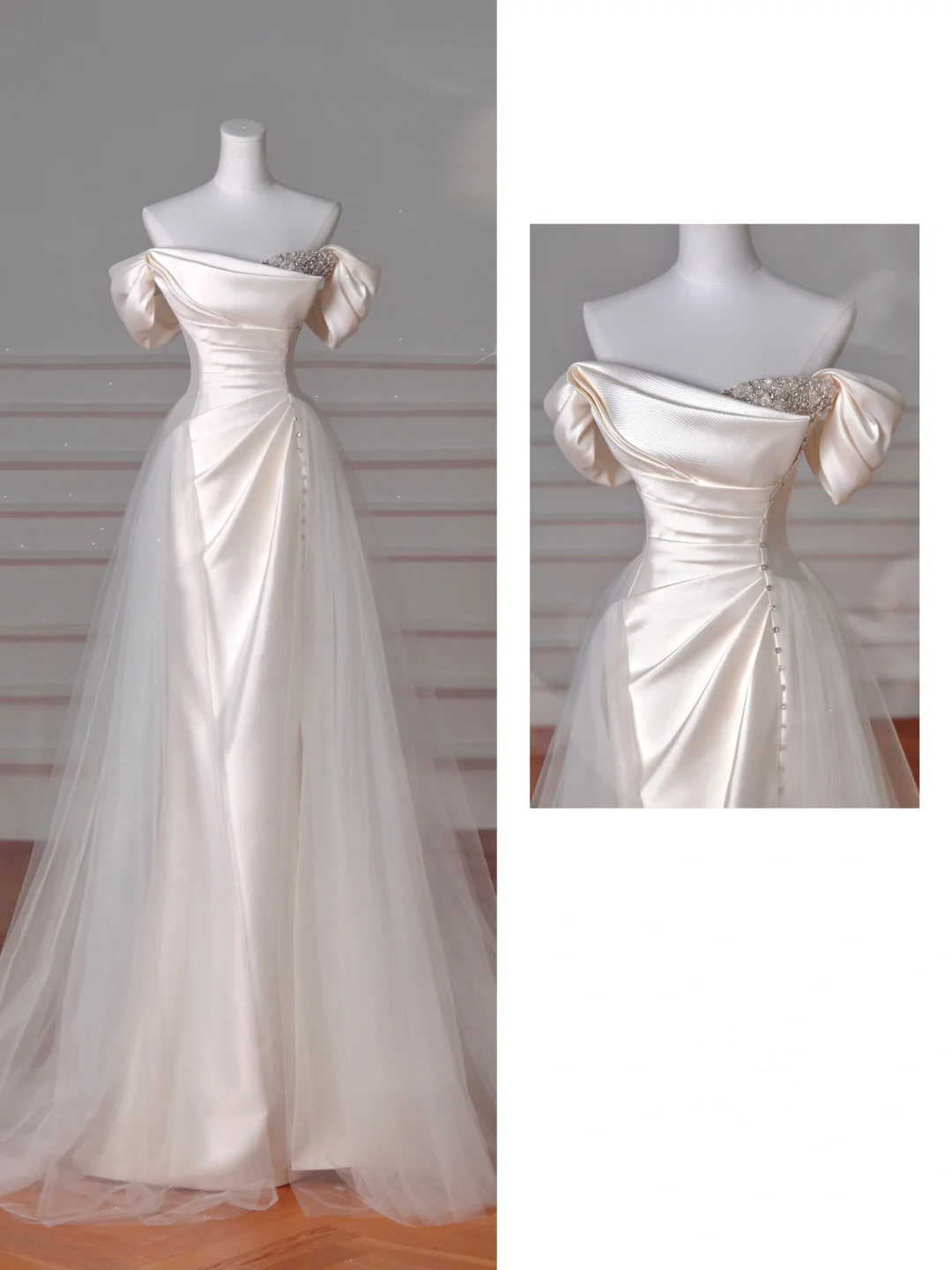 Elegant White off The Shoulder Satin Beaded Mermaid Wedding Dress Y8617