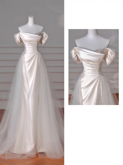 Elegant White off The Shoulder Satin Beaded Mermaid Wedding Dress Y8617