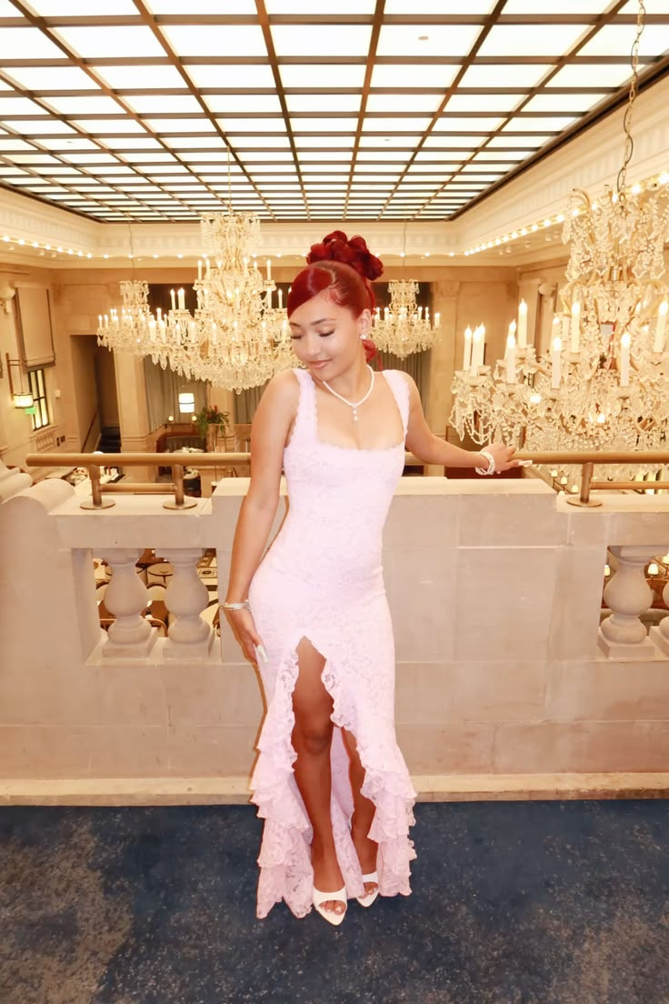 Classy Pink Lace Slit Ruffle Long Prom Dress Party Gown SP3730