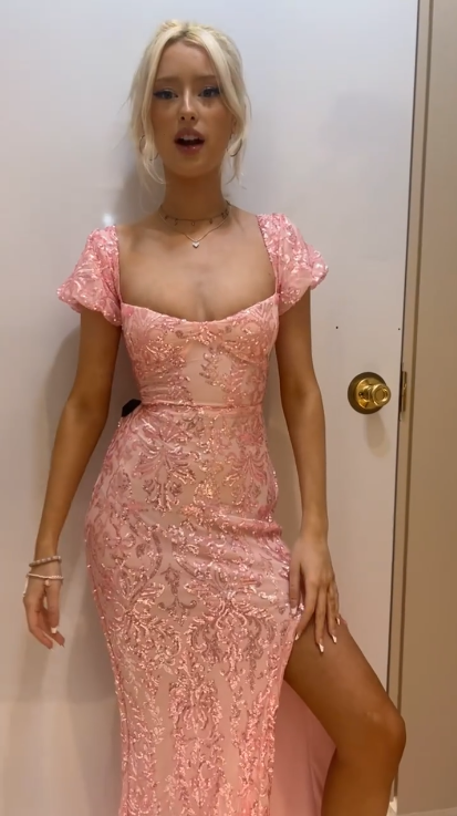 Pretty Pink Satin Sequin Mermaid Slit Prom Gown Long Party Dress SP360