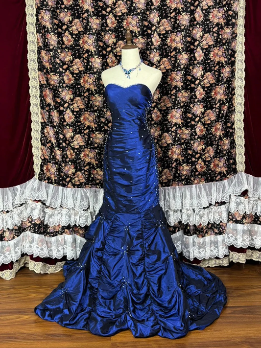 Stylish Blue Strapless Satin Beaded Mermaid Long Evening Dress Formal Birthday Prom Gowns SP1602