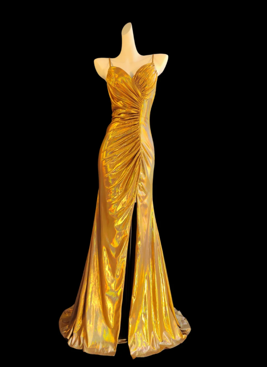 Gorgeous Spaghetti Straps Gold Satin Pleated Mermaid Prom Dress Slit Long Party Gown SP347