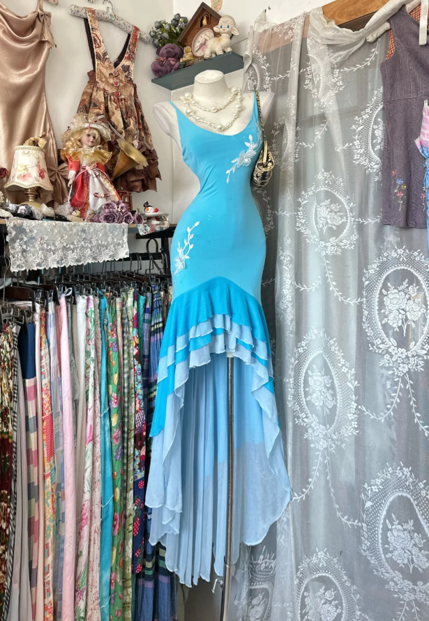 Classy Spaghetti Straps V Neck Blue Satin Chiffon Mermaid Long Prom Dress Party Gown SP1870