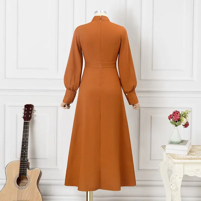 Vintage Long Puff Sleeve Dress Autumn Fashion Stand Collar Button Prom Dress Y4948