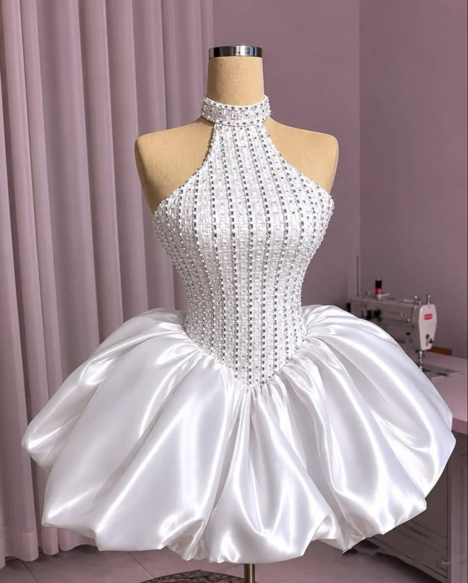 Sexy Halter Satin Beaded A Line Short Prom Dress,White Short Graduation Homecoming Dress SP3269