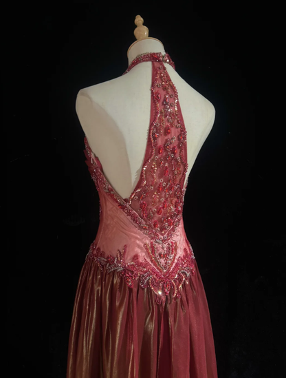 Retro Halter Satin Beaded A Line Long Wedding Guest Dress Formal Birthday Prom Dress Evening Gown  SP1440