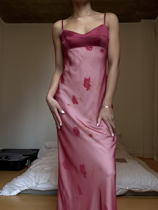 Vintage Spaghetti Straps Burgundy Satin Print Floral Sheath Long Party Gown Bridesmaid Dress SP268