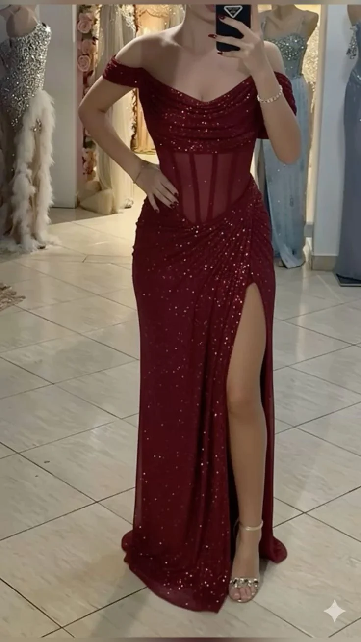 Sparkly Off The Shoulder Sequin Long Prom Dresses Burgundy Mermaid Slit Party Gown SP4121