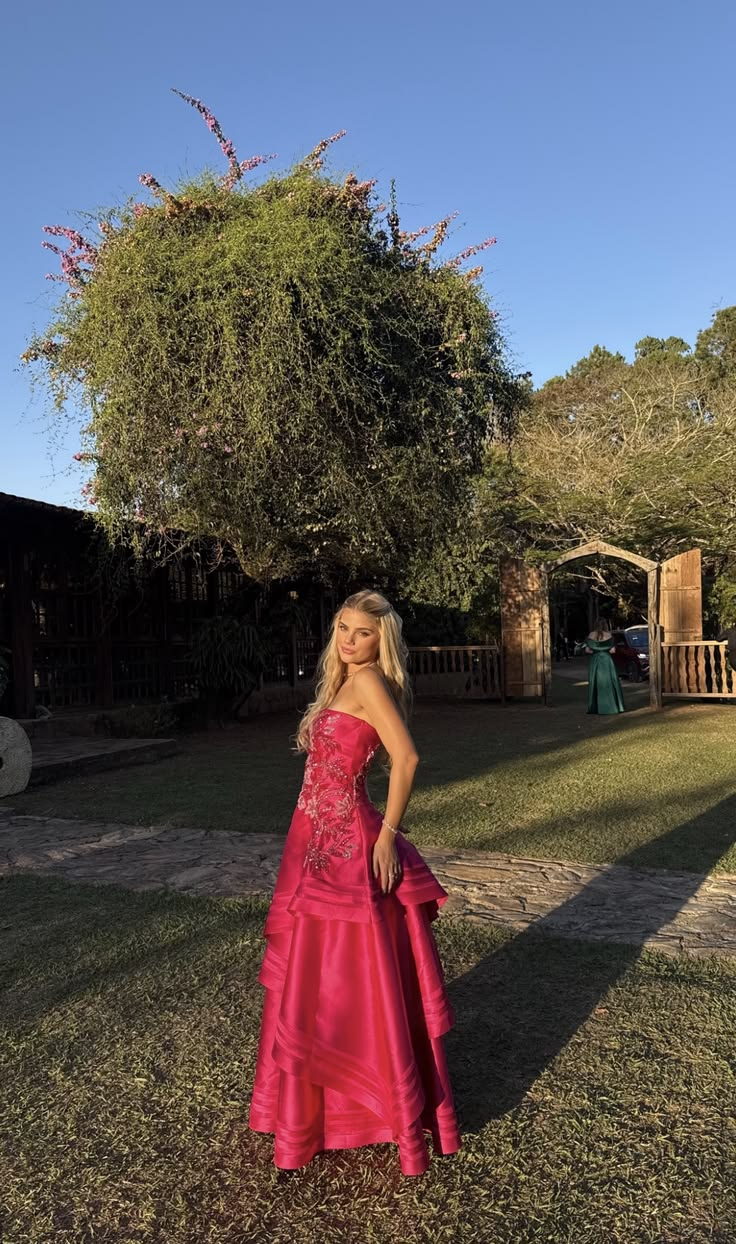 Gorgeous Hot Pink Strapless Satin Beaded Long Party Dress Prom Dress SP3101