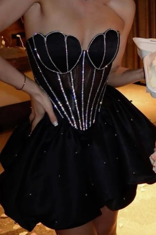 Sparkly Black Strapless A Line Cocktail Dress Homecoming Dress Y8847