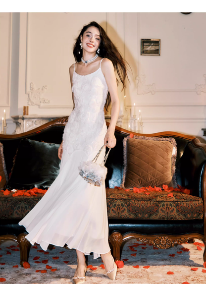 Fairy Spaghetti Straps 3D Rose Flowers Chiffon Mermaid Prom Dress White Birthday Party Dress SP1981