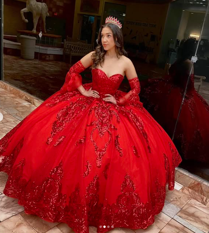 Rose Gold Sweetheart Puffy Princess Ball Gown Sweet 16 Dress Beaded Applique Quinceanera Dresses Y827