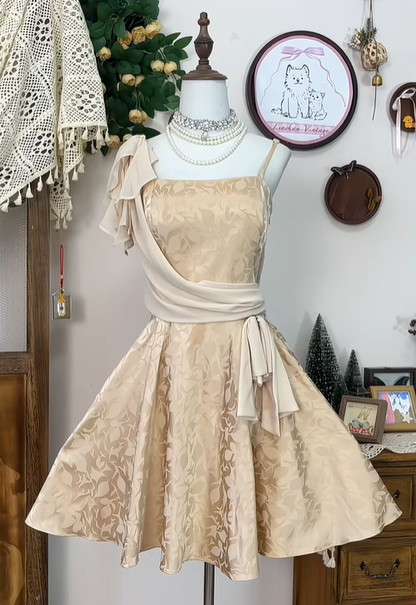 Vintage Spaghetti Straps Satin Print Homecoming Dress Champagne A Line Cocktail Dress Birthday Outfits Y8887