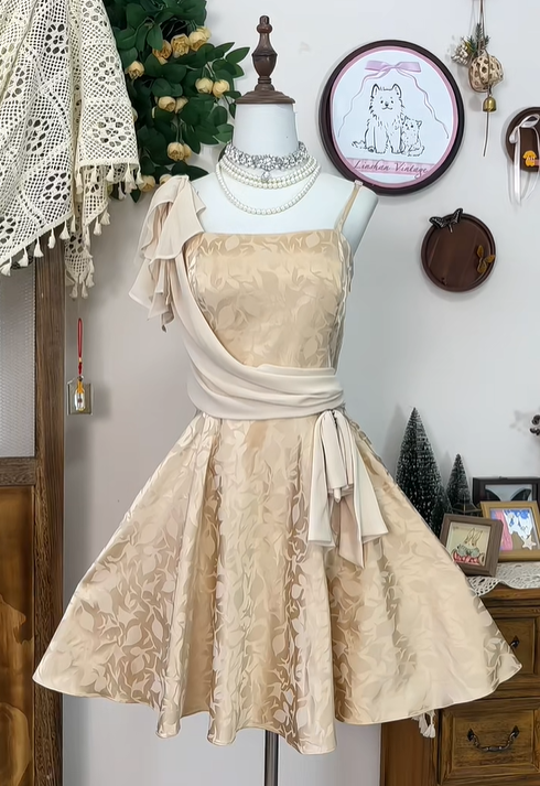 Vintage Spaghetti Straps Satin Print Homecoming Dress Champagne A Line Cocktail Dress Birthday Outfits Y8887