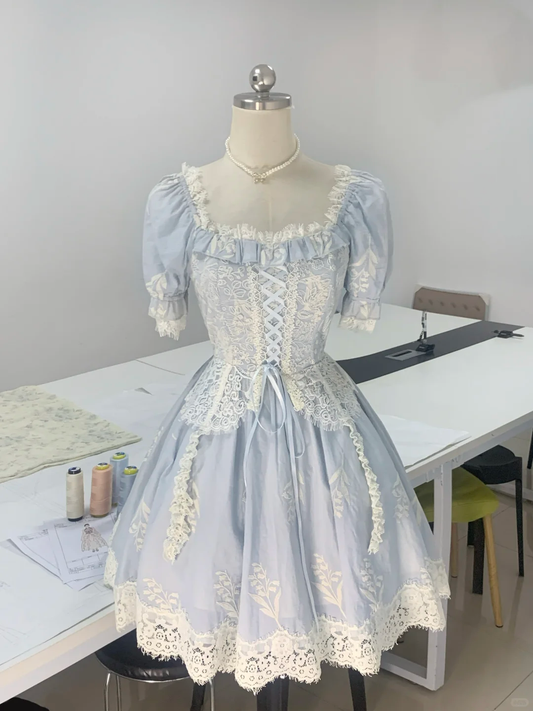 Sweet Satin Lace A Line Short Graduation Homecoming Dress Blue 15th Birthday Outfits Y9193