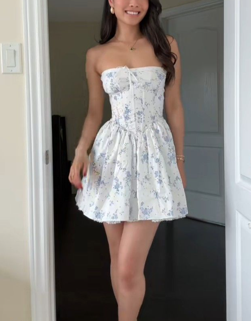 Cute Strapless Satin Print Floral A Line Short Graduation Homecoming Dress Formal 16th Birthday Outfits SP189