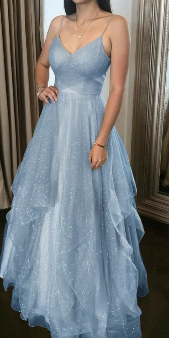 Elegant Blue Spaghetti Straps V-neck Tulle Long Prom Dresses Y6806