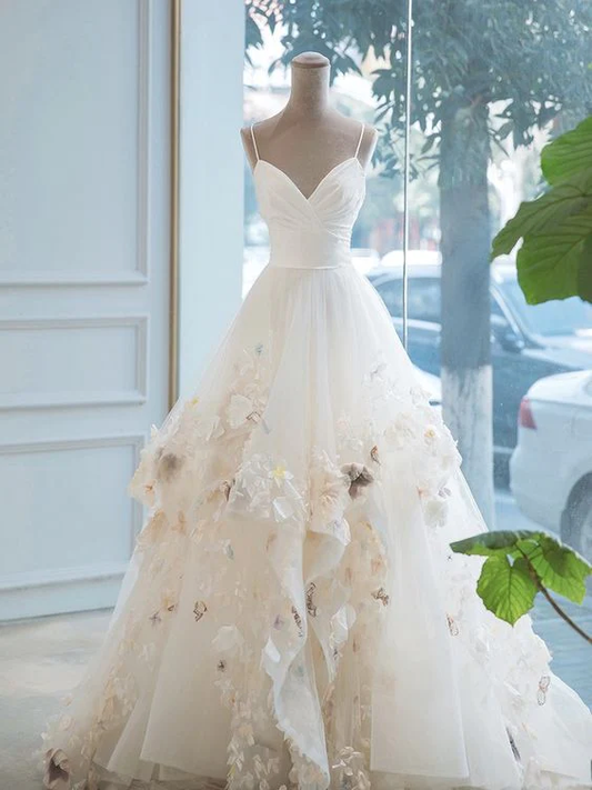 Pretty Tulle Appliques A Line Spaghetti Straps Long Wedding Dress ,White Bridal Dress Y2121