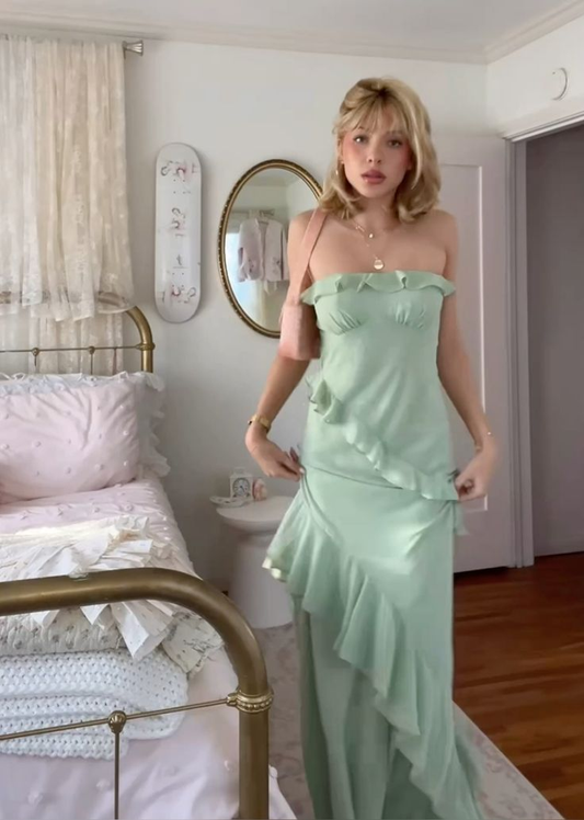 Classy Strapless Green Chiffon Ruffles Party Dress Long Wedding Guest Dress SP3011