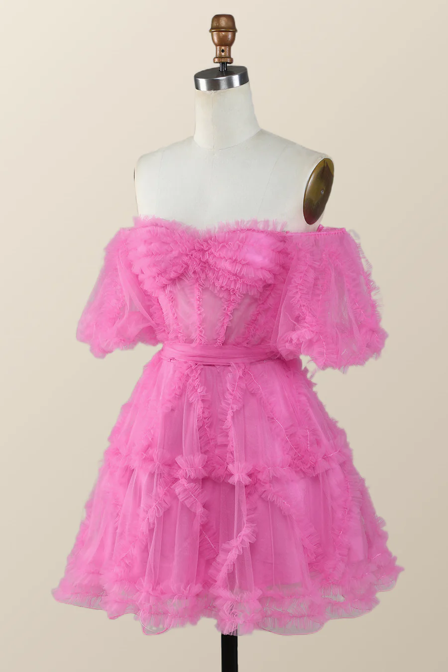 Off the Shoulder Hot Pink Ruffles Short A-line Homecoming Dress Y2783