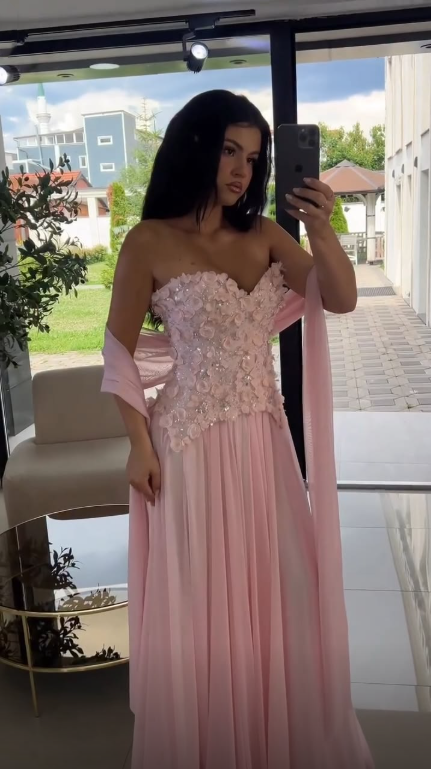Elegant Pink Strapless Chiffon Appliques Long Party Dress Evening Dress SP3741