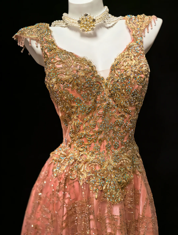 Unique Pink Lace Sequin Beaded A Line Long Party Dress Birthday Prom Dresses SP1575