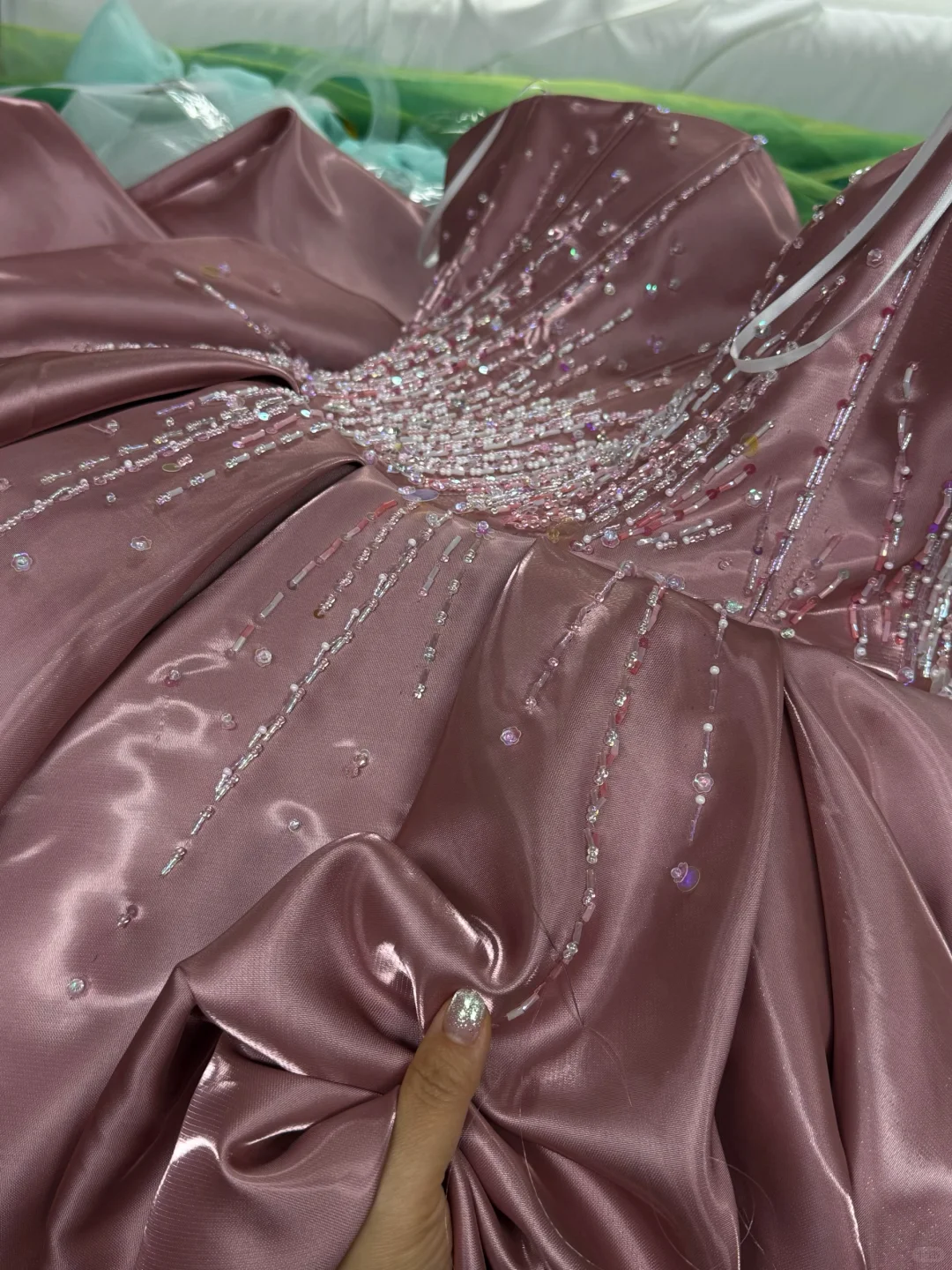 Charming Pink Satin Beaded Hi-Low Long Party Dress Birthday Dress SP2065