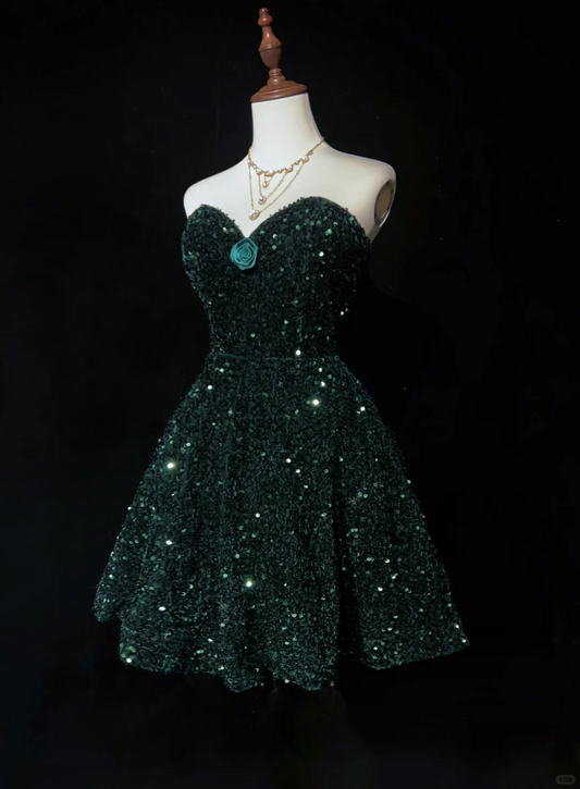 Sparkly Sweetheart Neck Emerald Green Sequin A Line Short Homecoming Dress Cocktail Dress SP2908