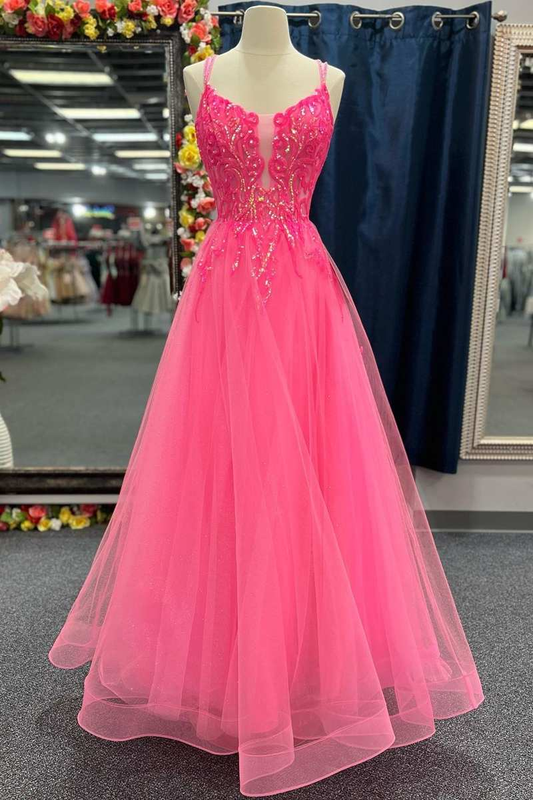 Hot Pink Tulle Appliques Lace-Up A-Line Long Prom Dress Y2791