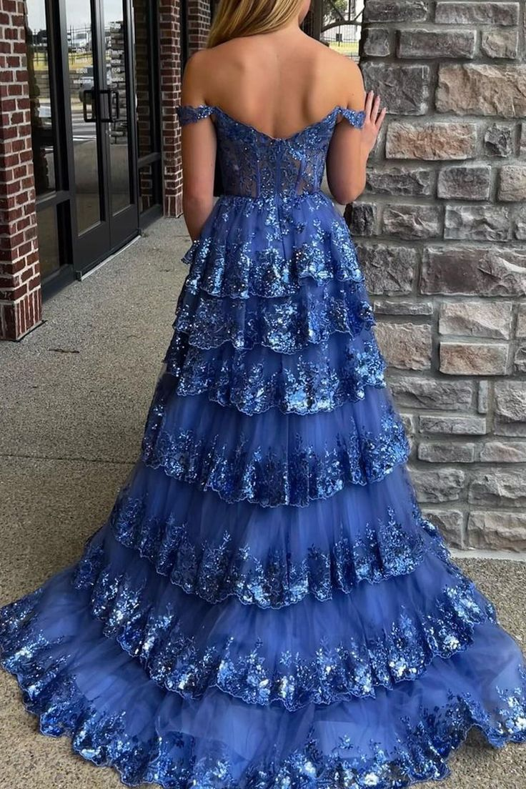 Modern A Line Off the Shoulder Blue Tulle Long Prom Dress With Sequin Lace Y6612