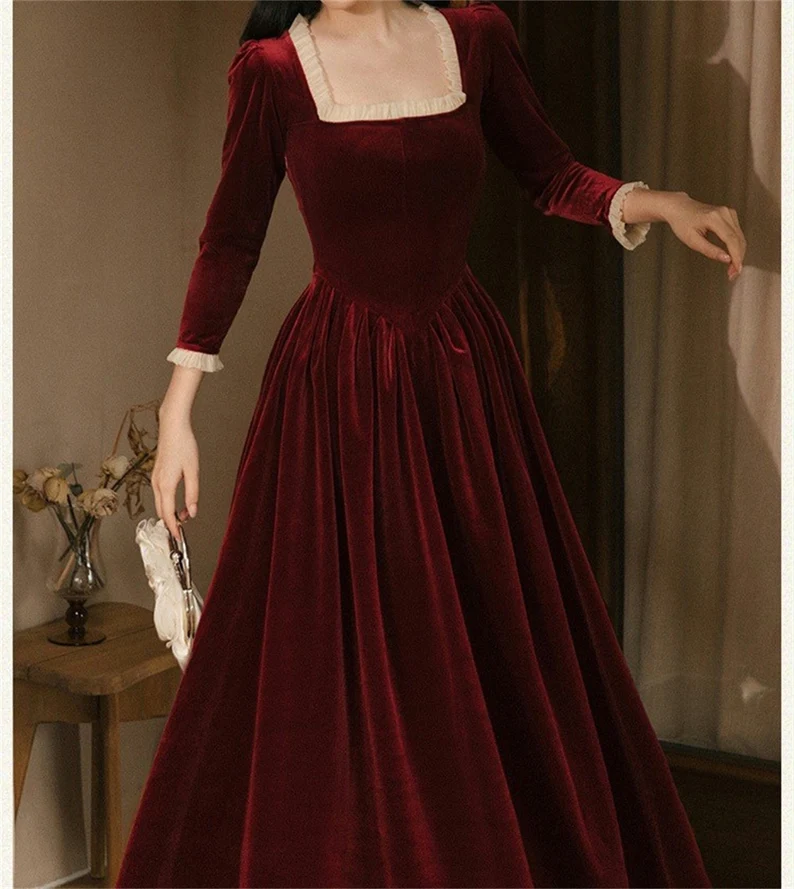 Square Neck Velvet Dress,French Vintage Red Dress,Autumn Winter Long Sleeve Dress,Prom Dress,Fairy Dress Y4715