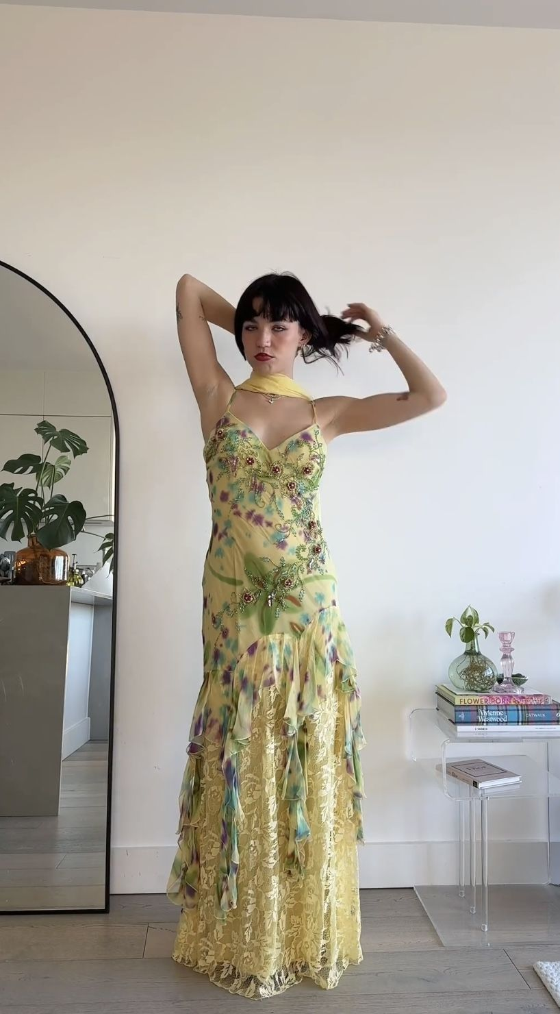 Charming Spaghetti Straps Yellow Chiffon Print Floral Beaded Mermaid Prom Dress Long Party Gown With Ribbon SP815