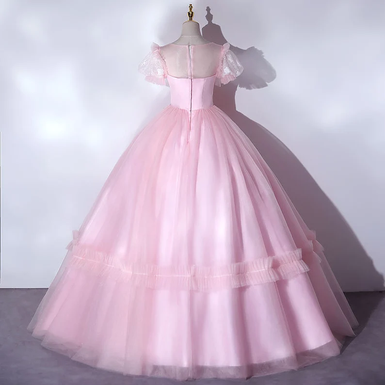 Beautiful Pink Quinceanera Dresses Luxury Puff Sleeves Classic Pleated Party Dress Zipper Back Ball Gown Y2588