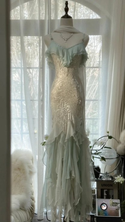 Elegant Green Chiffon Beaded Mermaid Prom Dress Long Party Gowns Y9731
