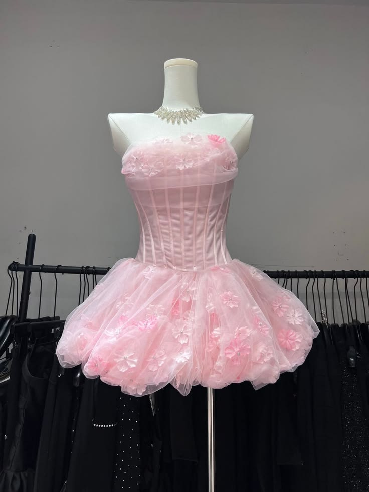 Sweet Strapless Tulle Appliques A Line Short 6th Grade Homecoming Dress,Pink Mini Prom Dress SP3254