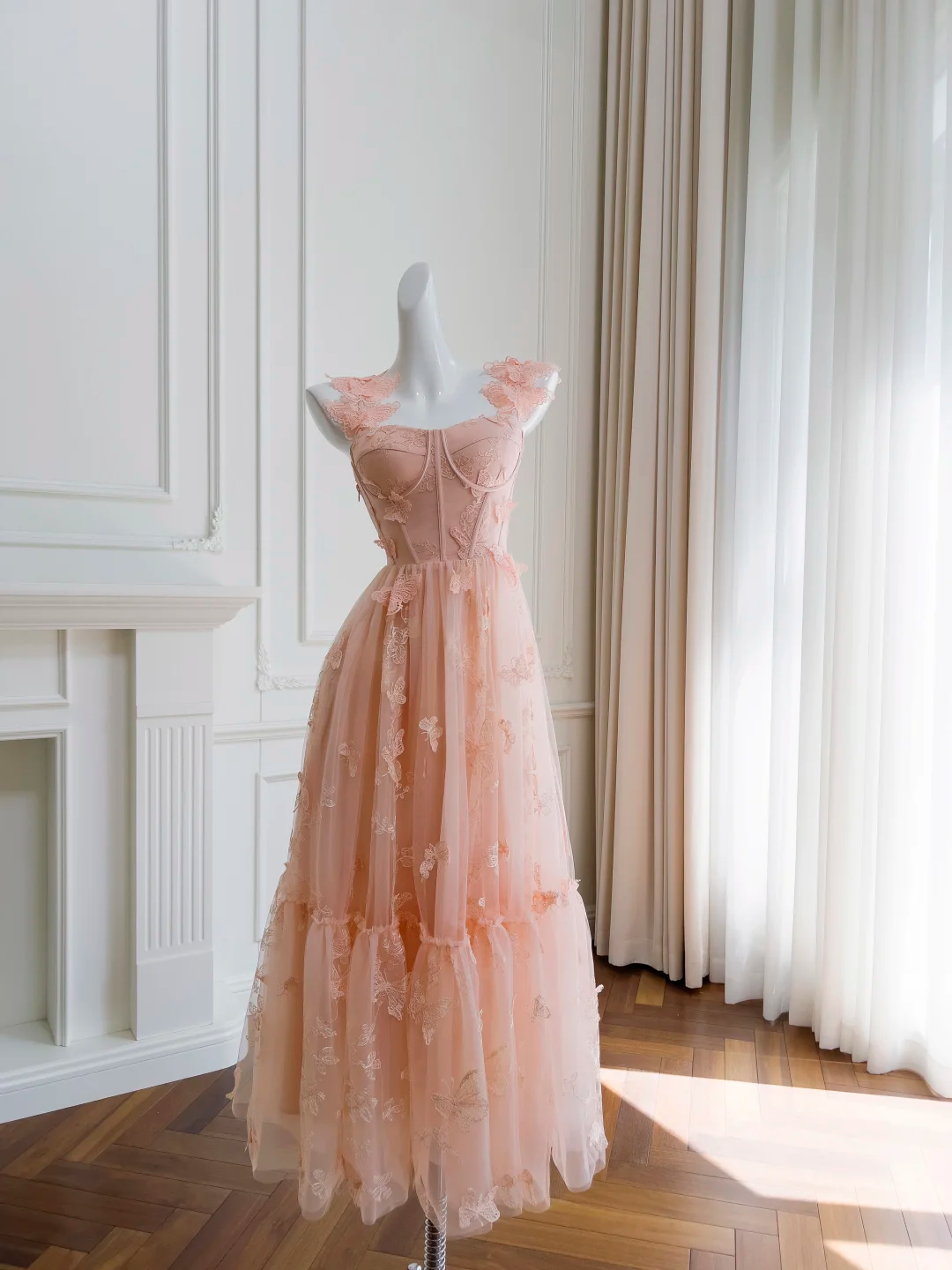 Cute Pink Tulle Butterfly Appliques A Line Long Party Dress Birthday Dress SP2567
