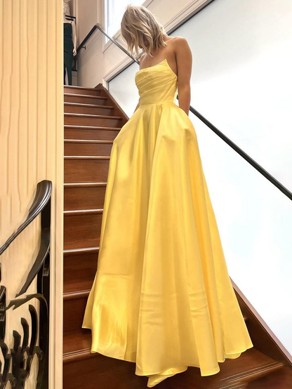 Sage Green Strapless Satin Pleated A-line Long Prom Dress Evening Gown Y7905