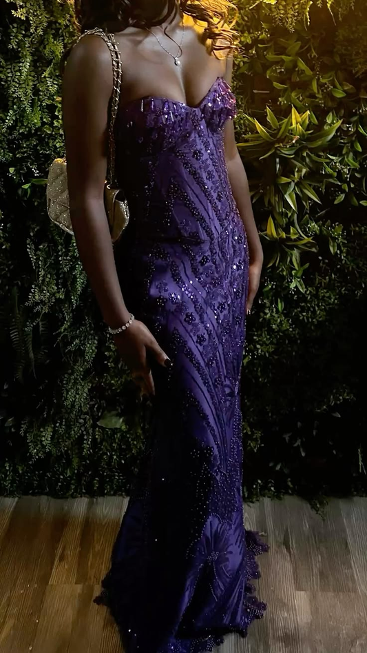 Gorgeous Purple Satin Beaded Mermaid Long Party Dress Sweetheart Neck Long Evening Dress SP3673