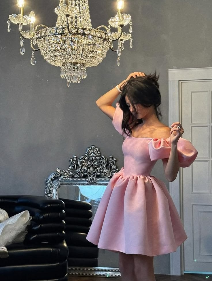 Pretty Pink Off Shoulder Puff Sleeve Satin Homecoming Dress A Line Short 15th Birthday Outfits SP2744